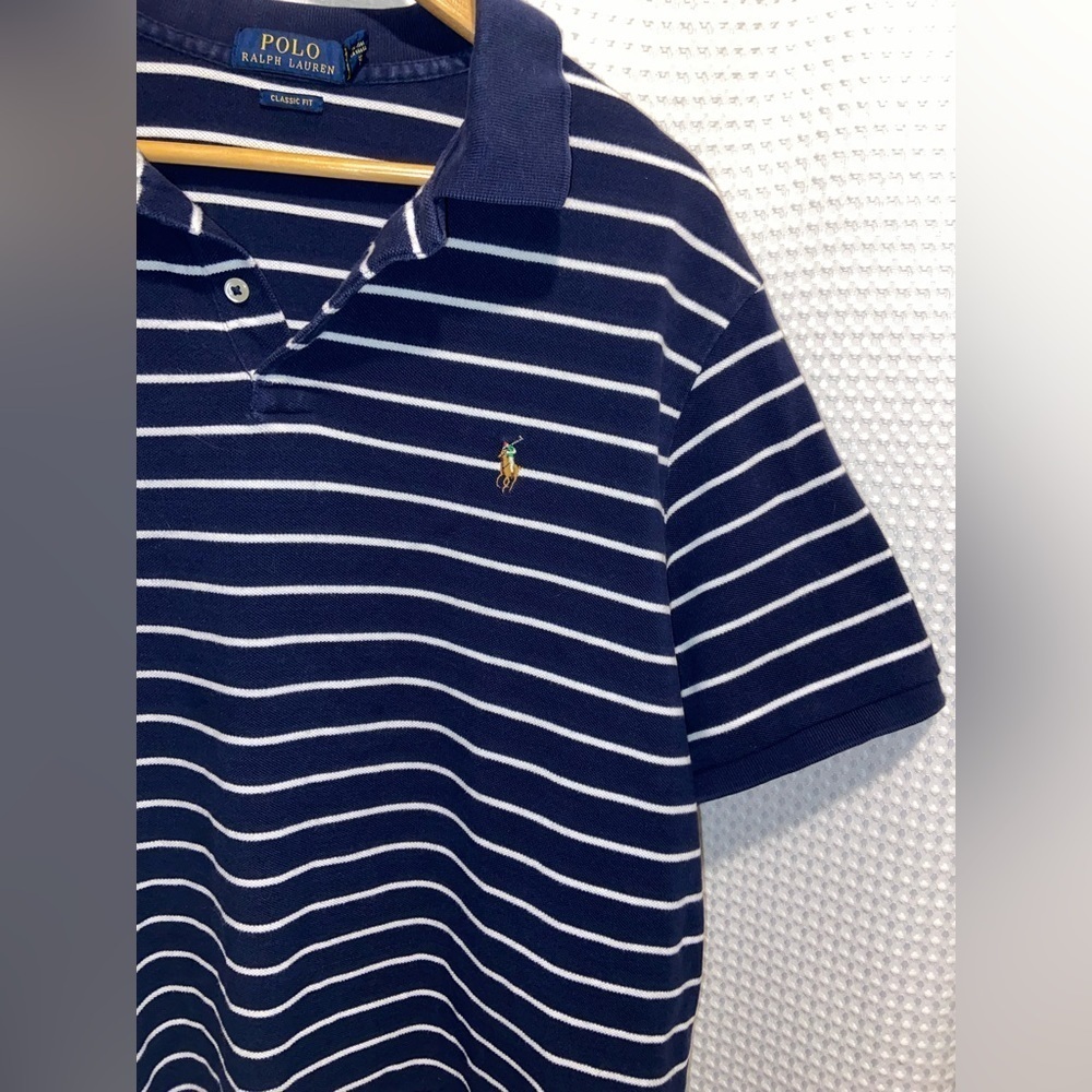 2/40$ Men’s Ralph‎ Lauren white & Navy blue striped knit cotton polo Sz XL - Picture 7 of 11